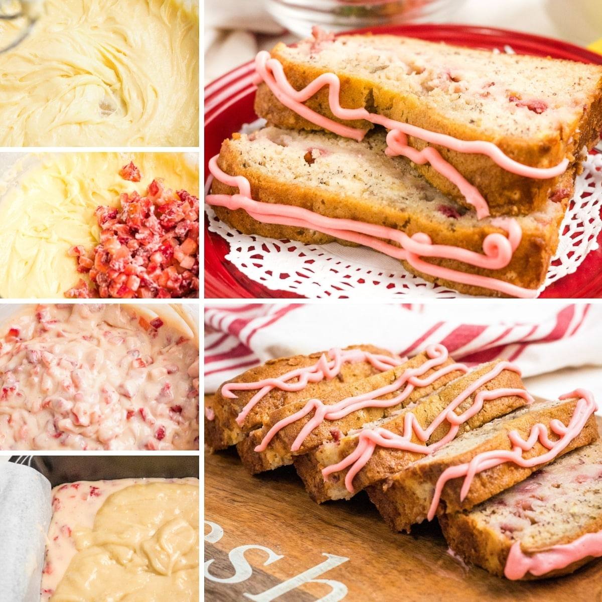 collage of images showing the steps I followed to make the strawberry banana bread