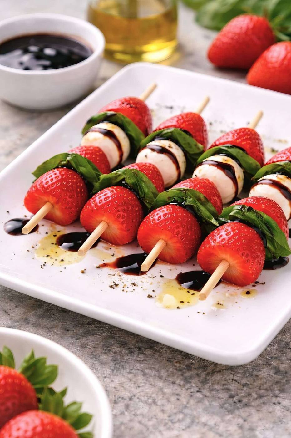 strawberry caprese skewers drizzled with balsamic glaze and served on a white plate