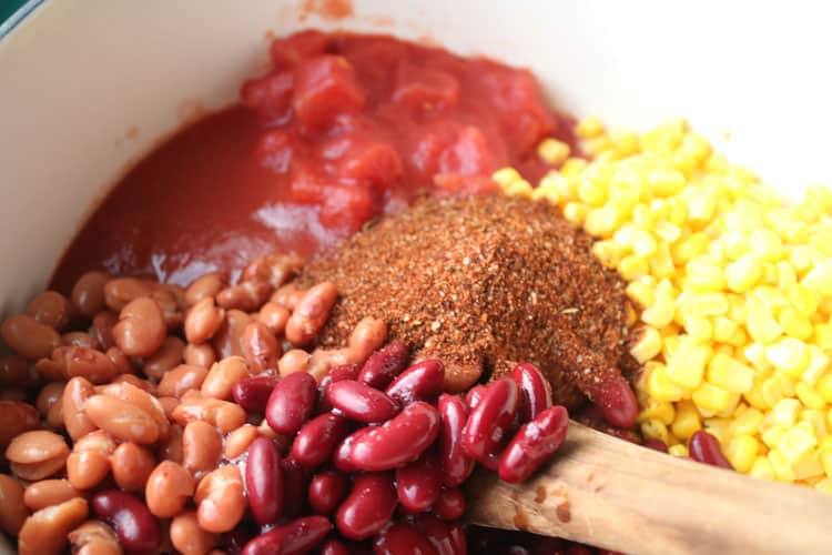 Kidney beans, pinto beans and taco spices added to the soup pot