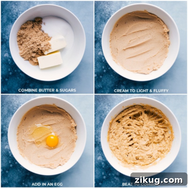 Process shots: creaming butter and sugar, adding eggs, and mixing wet ingredients for M&M cookies