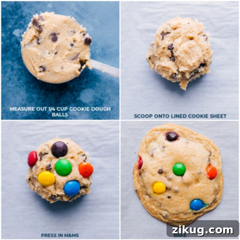 Process shots: scooping cookie dough, adding M&M's, and baking on a sheet pan