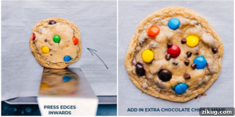Process shots: pressing cookie edges inward with a metal spatula and adding extra M&M's and chocolate chips