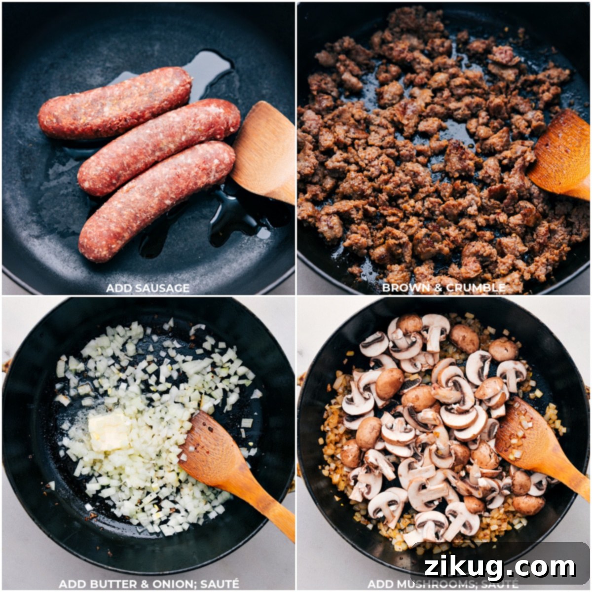 The Art of Making Sausage Tortellini Bake from Scratch Italian sausage being browned in a large oven-safe skillet, followed by the addition of melted butter, diced yellow onion, and sliced baby Bella mushrooms to the same pot for the Sausage Tortellini Bake.