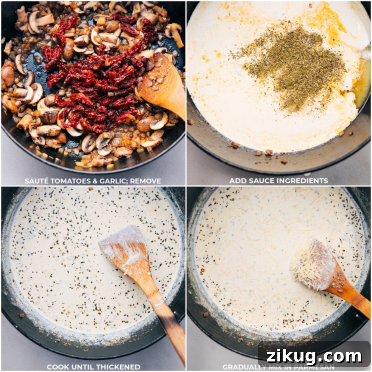 Crafting the Easy Sausage Tortellini Bake Sauce Sun-dried tomatoes, minced garlic, chicken broth, heavy cream, and Italian seasoning being carefully added to a pot on the stovetop to create the rich and creamy sauce for the Sausage Tortellini Bake.