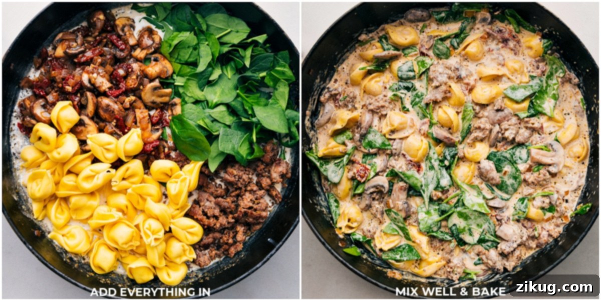 Our Favorite Sausage Tortellini Bake Assembly All the cooked components, including browned Italian sausage, sautéed vegetables, and fresh cheese tortellini, being gently added to the rich, creamy sauce and mixed together in the pot for a delicious Sausage Tortellini Bake, ensuring every ingredient is well coated.