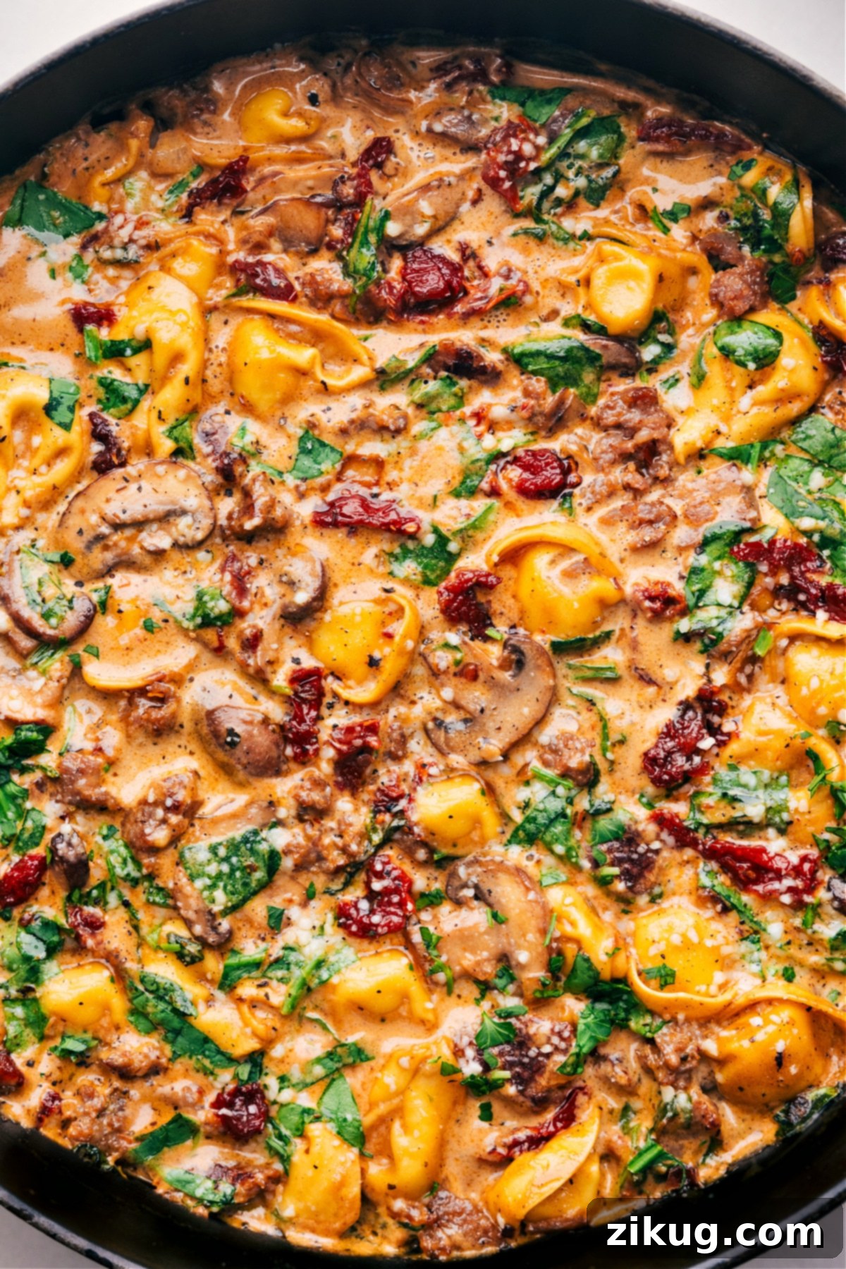 The Best Sausage Tortellini Bake for Dinner A beautifully plated serving of the delicious Sausage Tortellini Bake, garnished with fresh herbs and a sprinkle of Parmesan, ready to be enjoyed as a comforting meal.