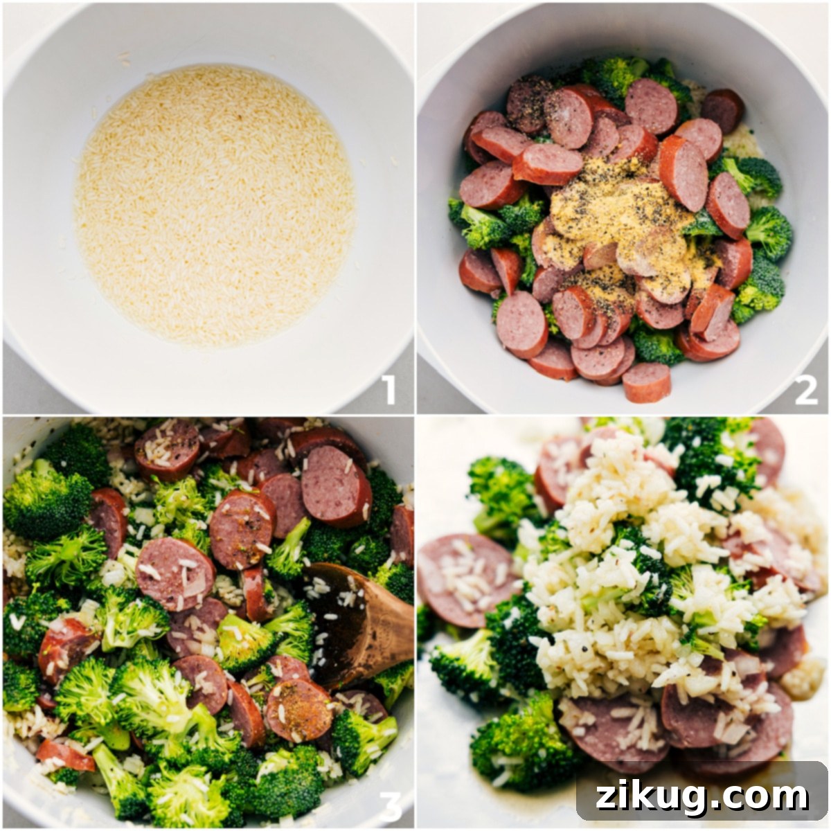 All the ingredients in Cheesy Broccoli & Chicken being combined in a bowl and it all being assembled.