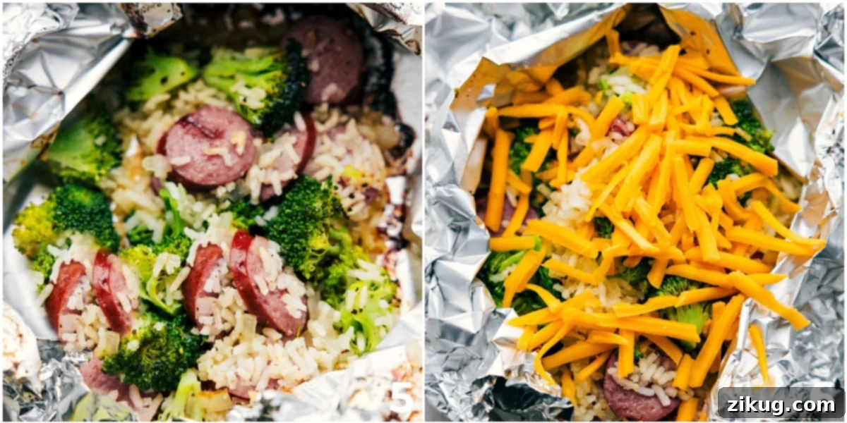 The dinner in a foil pack right out of the oven and then cheese being grated on top.