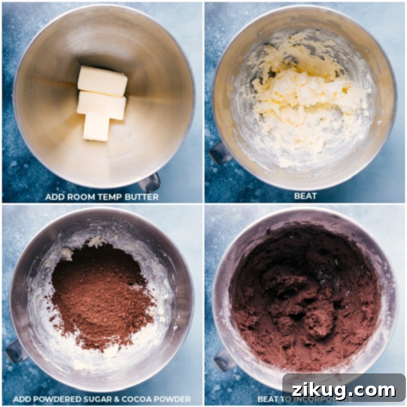 The Ultimate Chocolate Buttercream Frosting 3 A visual step-by-step of creating Chocolate Buttercream Frosting: showing butter being beaten in a stand mixer, followed by the addition and incorporation of powdered sugar and Dutch-process cocoa powder.