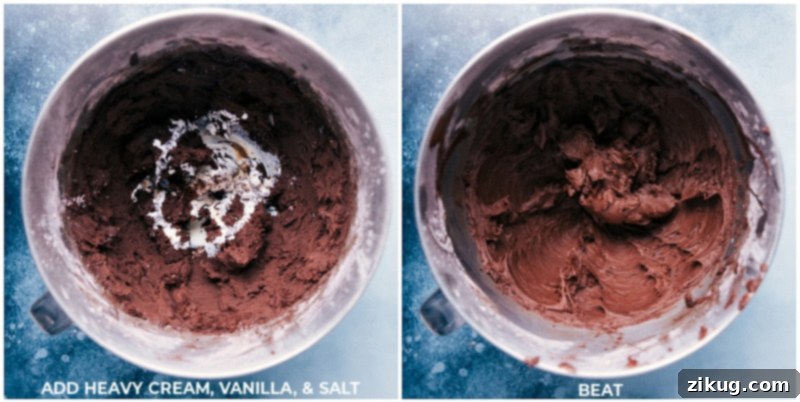 The Ultimate Chocolate Buttercream Frosting 4 A visual of the heavy cream, pure vanilla extract, and a pinch of salt being carefully added to the chocolate buttercream frosting mixture in a stand mixer bowl.