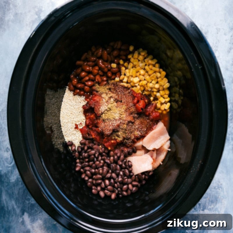 Crockpot Quinoa Chili Ingredients Ready for Slow Cooking All the vibrant ingredients for the warm and delicious Crockpot Quinoa Chili are mixed and ready in the slow cooker.