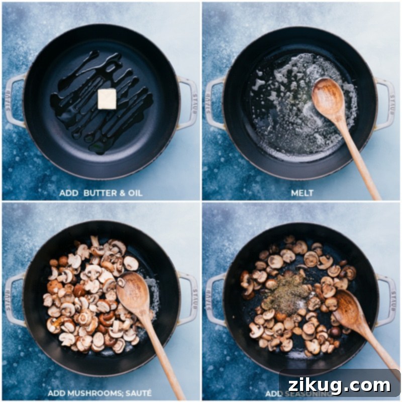 How To Make Creamy Chicken Pasta: The Flavorful Mushroom Base A high-angle shot of a large cast-iron skillet, illustrating the process of butter and olive oil melting together, followed by sliced cremini mushrooms gently sautéing until golden-brown, seasoned with herbs and garlic.