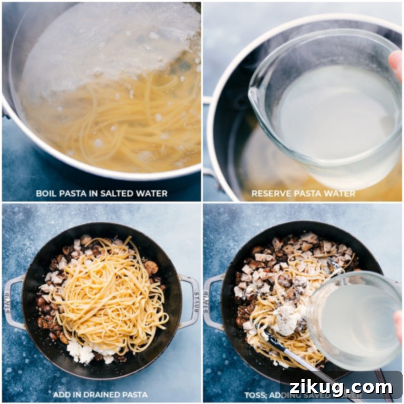 Cooking Pasta to Perfection for Creamy Chicken Pasta A pot of fettuccine boiling on the stove, alongside a measuring cup of reserved pasta water, and the cooked pasta being added to a skillet containing the creamy sauce and other ingredients for the chicken pasta.