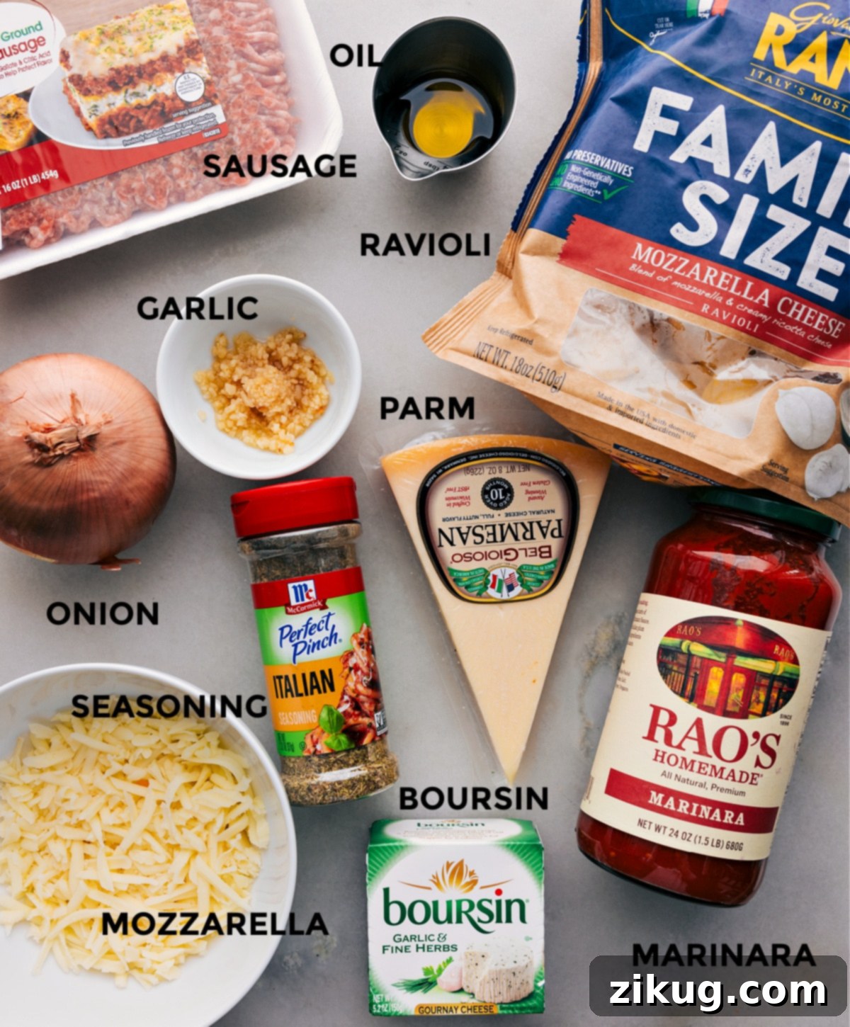One Skillet Baked Ravioli Ingredients All the fresh ingredients for Baked Ravioli, prepped and ready for assembly.