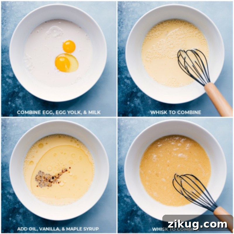 Process shot: Whisking milk, eggs, maple syrup, vanilla, and melted coconut oil together in a large bowl.