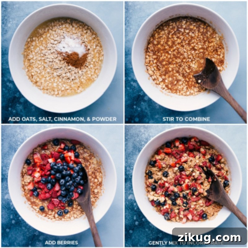 Process shot: Adding dry ingredients and fresh berries to the whisked liquid ingredients for baked oatmeal.