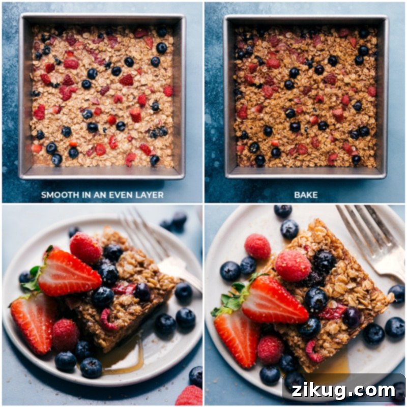 Process shot: Baked oatmeal in a pan, ready for baking, and then served in individual portions with fresh berries.