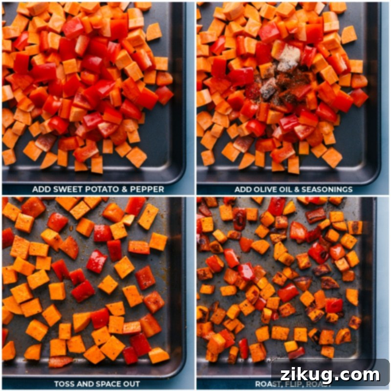 Roasting Sweet Potatoes and Peppers for Hearty Vegetarian Bowls Process shots showing sweet potatoes and bell peppers seasoned and ready for roasting on a large sheet pan.