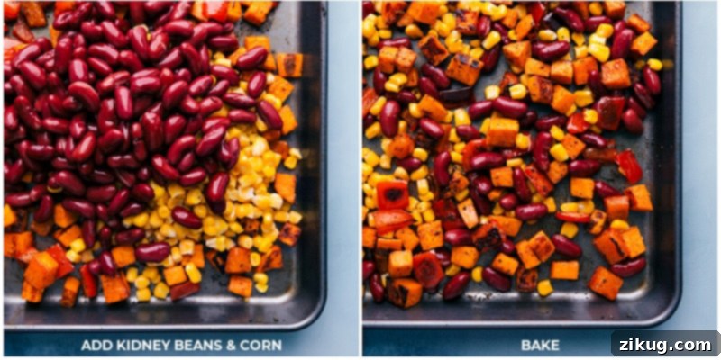 Combining Kidney Beans and Corn with Roasted Vegetables Process shots showing drained kidney beans and frozen corn being added to the roasted sweet potatoes and bell peppers on a baking sheet.