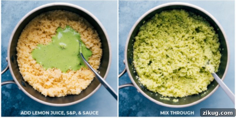 Flavorful Couscous Base with Lemon-Herb Cashew Sauce Process shots showing the creamy lemon-herb sauce being combined with the fluffy couscous for an enhanced flavor base in the Kidney Bean Bowls.