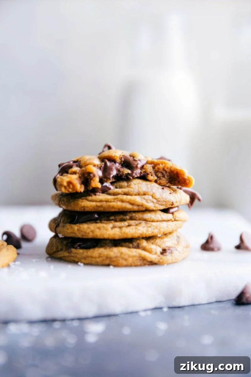 Tasty Pumpkin Chocolate Chip Cookies: Stacked with a Missing Bite Stacked pumpkin chocolate chip cookies with a bite taken out of the top one.