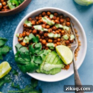 A delicious bowl of Mexican Chickpeas with creamy cilantro-lime sauce.