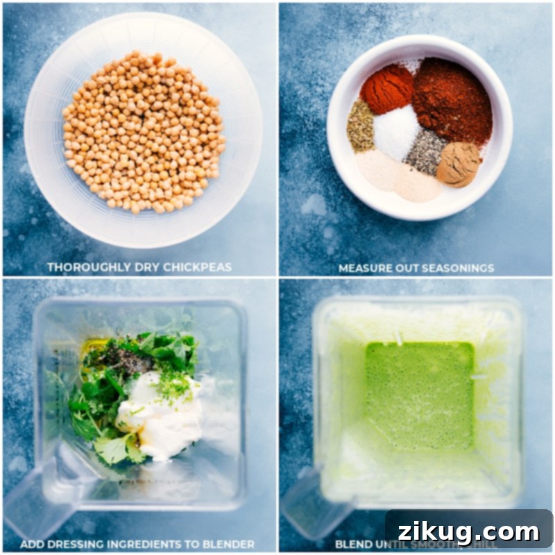 Step-by-step process of preparing Mexican Chickpeas, showing chickpeas seasoned in a bowl and spread on a baking sheet for roasting.