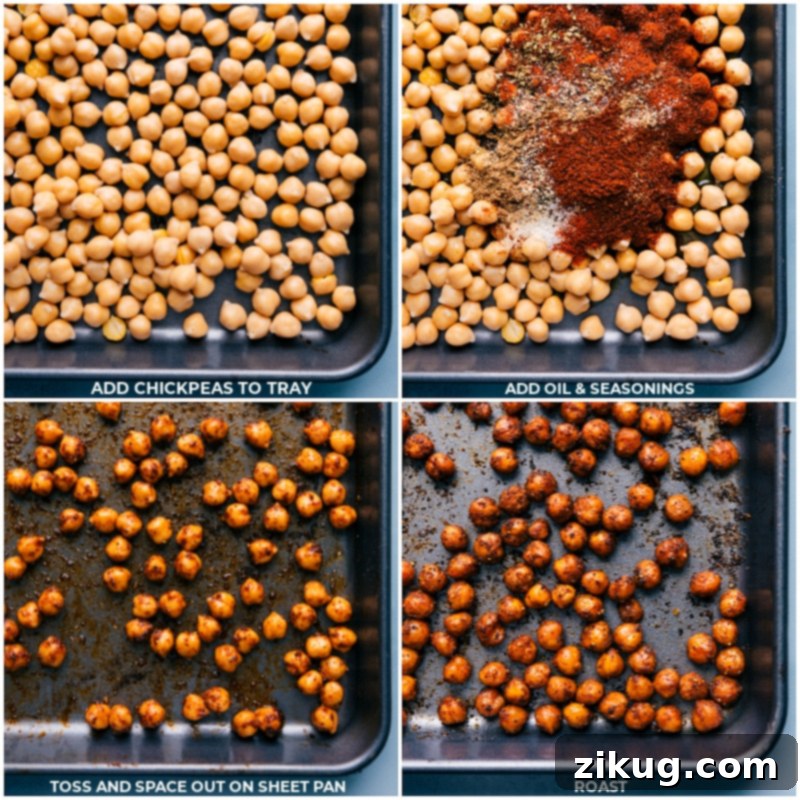 Close-up of Mexican Chickpeas being tossed with olive oil and a rich spice blend before roasting to achieve a crispy texture.