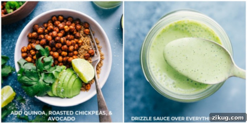A bowl filled with Mexican Chickpeas, quinoa, and avocado slices, generously drizzled with creamy cilantro-lime sauce.