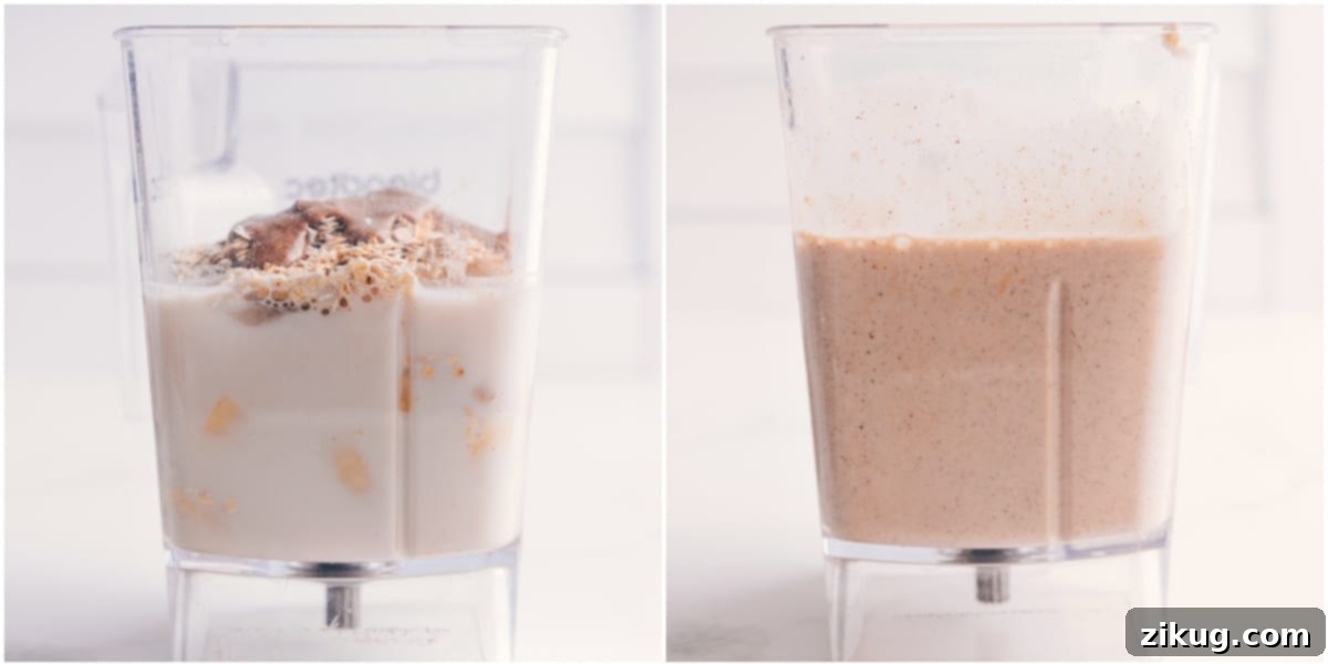 All the ingredients for the chai smoothie being added to a high-powered blender and then blended until smooth and creamy for a delicious breakfast.