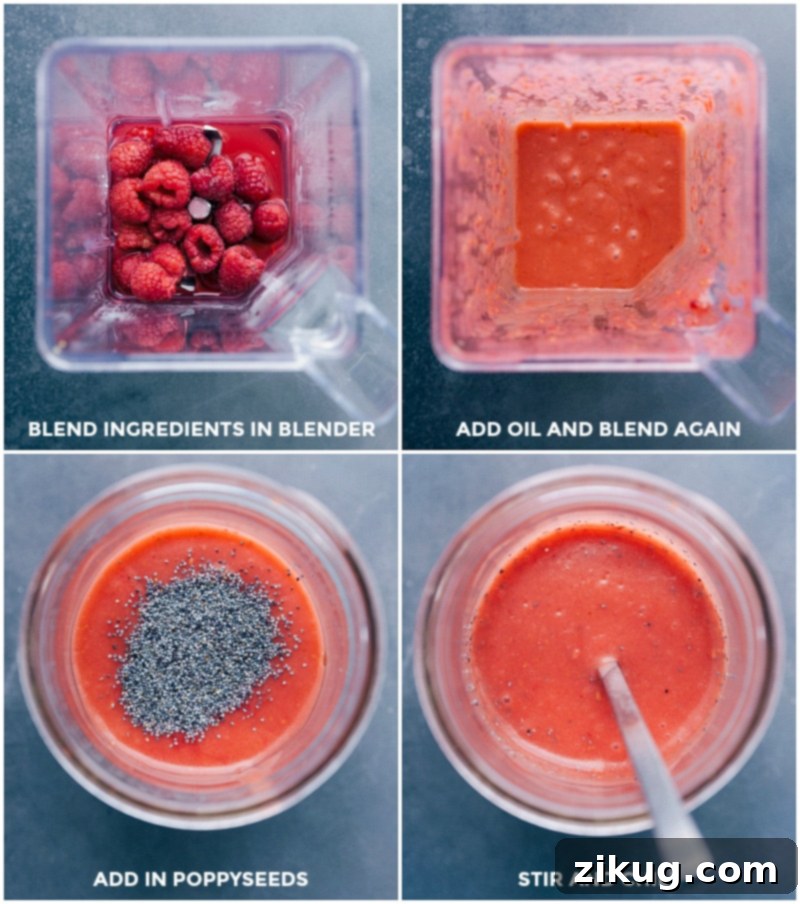 Blending fresh ingredients for the raspberry vinaigrette and pouring it into a mason jar for storage.