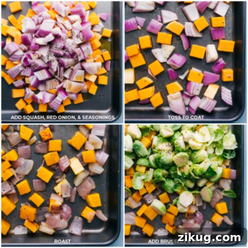 We roast together seasoned wild rice, smoked chicken & apple sausage, maple butternut squash, and perfectly caramelized Brussels sprouts, then drizzle in an irresistible maple-orange vinaigrette. Even the wild rice cooks on the sheet pan along with everything else! Process shot: butternut squash and red onions tossed with olive oil and maple syrup, spread on a sheet pan ready for roasting
