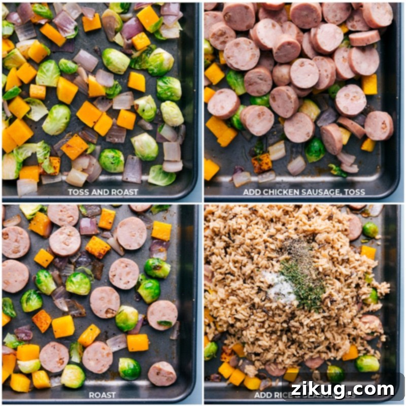 Butternut Squash Wild Rice Pilaf is a tasty and unique ONE-PAN meal! Process shot: Roasted butternut squash, red onions, and Brussels sprouts mixed with sliced chicken sausage and wild rice on a sheet pan