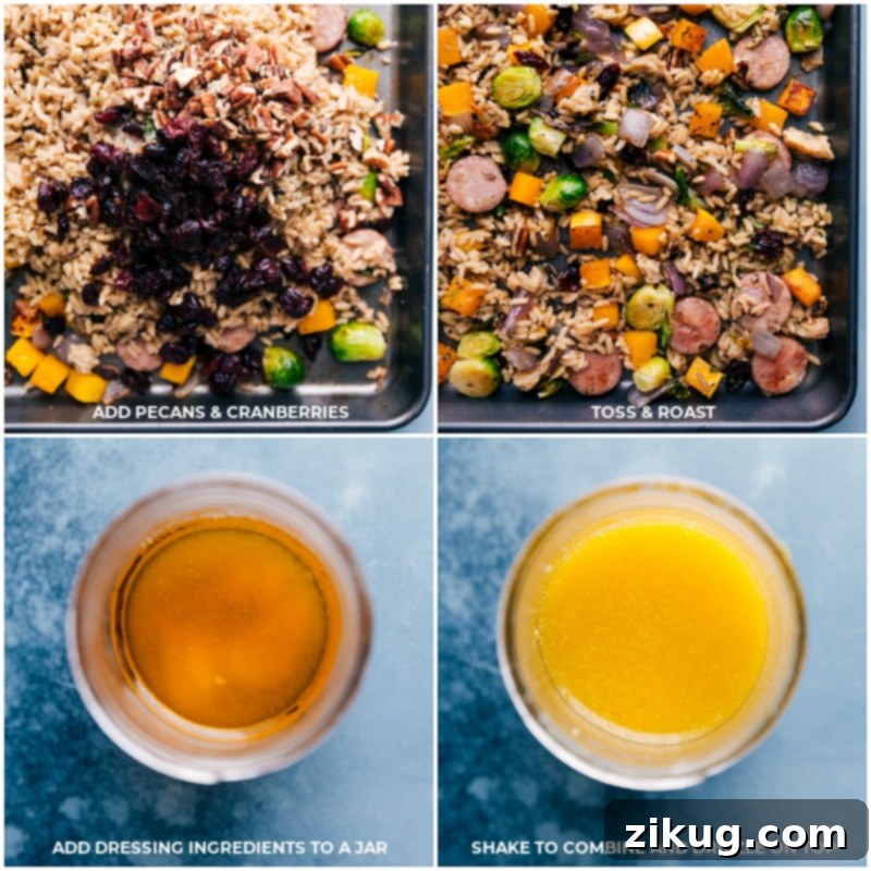Butternut Squash Wild Rice Pilaf is a tasty ONE-PAN meal! We roast together seasoned wild rice, smoked chicken & apple sausage, maple butternut squash, and perfectly caramelized Brussels sprouts, then drizzled in an irresistible maple-orange vinaigrette. Even the wild rice cooks on the sheet pan along with everything else! Process shots: Wild rice pilaf mixed with pecans and dried cranberries on a sheet pan, alongside a jar of maple-orange vinaigrette