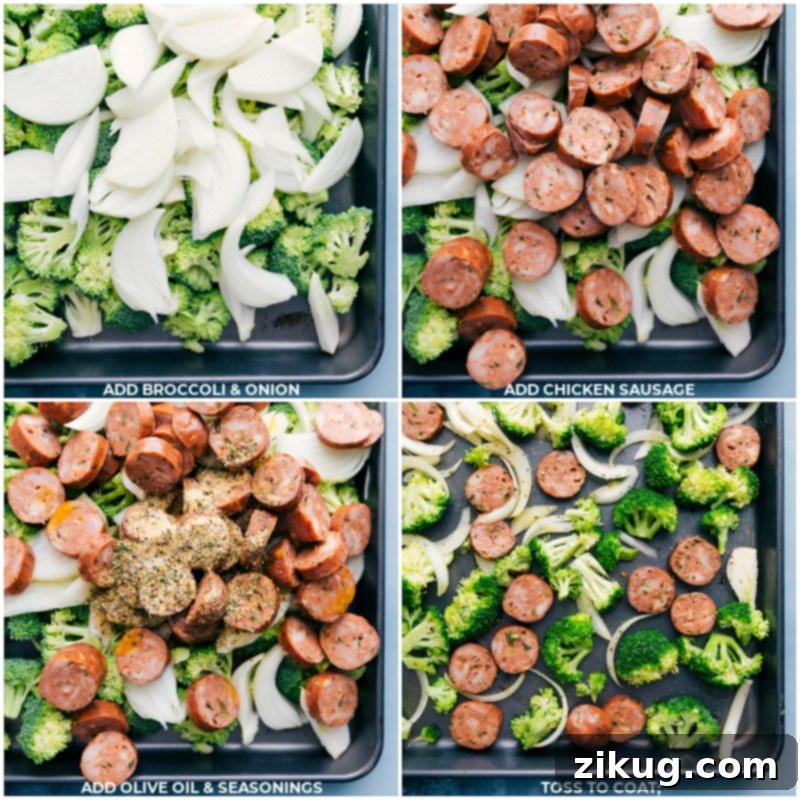 Preparing Ingredients for Cheesy Chicken, Broccoli, and Rice Chopped fresh broccoli florets, thinly sliced yellow onions, and rounds of smoked chicken sausage tossed with olive oil and a custom seasoning blend, spread evenly on a large sheet pan before being placed in the oven to roast.