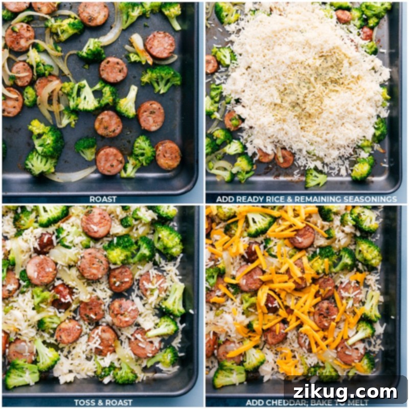 Step-by-Step Guide to One-Pan Cheesy Chicken, Broccoli, and Rice A visual guide showing three stages of cooking: 1) Seasoned broccoli, onion, and chicken sausage roasting on a sheet pan. 2) Cooked rice being stirred into the roasted ingredients. 3) The finished dish with shredded cheddar cheese melted over the top, garnished with fresh parsley.