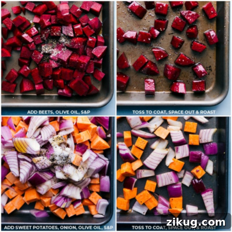 Process shots showing vegetables and chickpeas roasting on two separate sheet pans for Quinoa Pilaf.