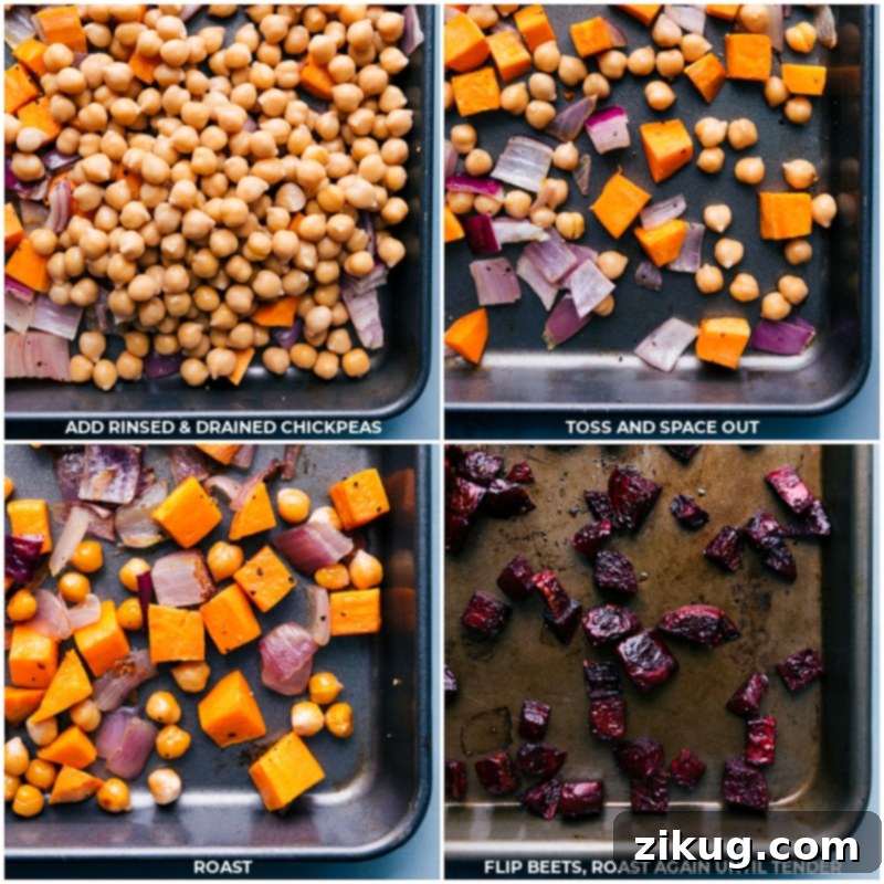 Adding cooked quinoa, dried cherries, and sliced almonds to roasted sweet potatoes and onions on a sheet pan.