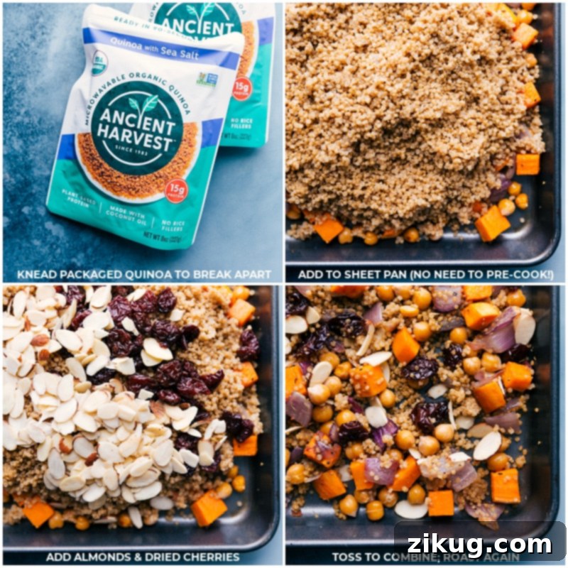 Quinoa, almonds, and dried cherries are added to a sheet pan with roasted vegetables for the final stage of roasting.