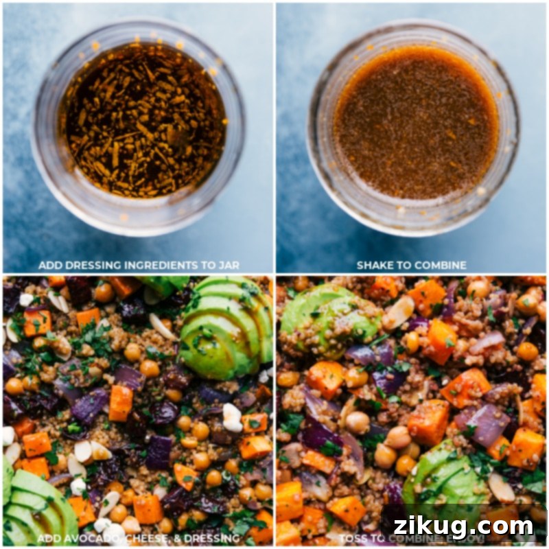 Finished Sheet Pan Quinoa Pilaf drizzled with balsamic dressing and topped with fresh avocado and herbs.