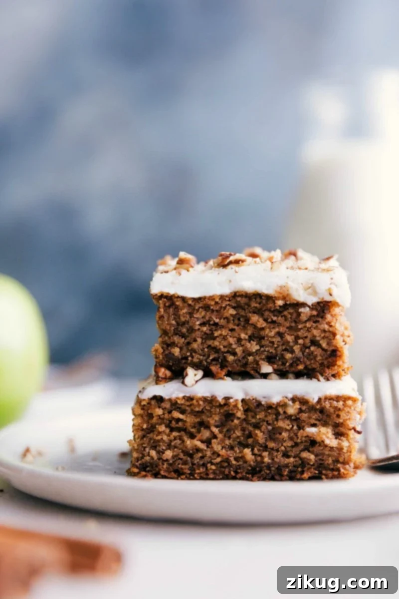 Enjoying Stacked Slices of Applesauce Cake Two slices of delectable applesauce cake stacked, showing off its moist texture and rich color, ready to be savored.