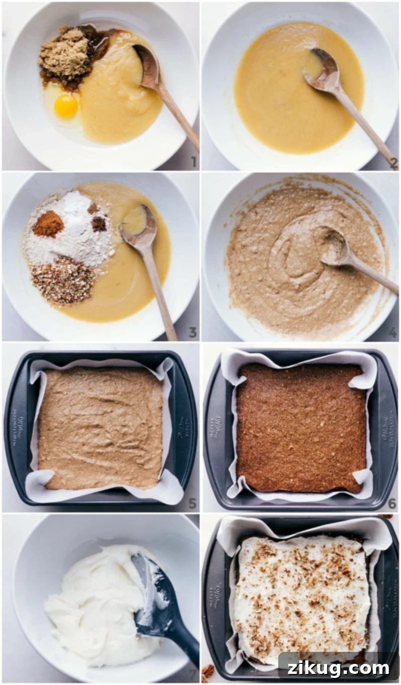 Creating Applesauce Cake: Step-by-Step Instructions A visual guide showing the steps from mixing ingredients to baking and finally frosting the applesauce cake recipe.