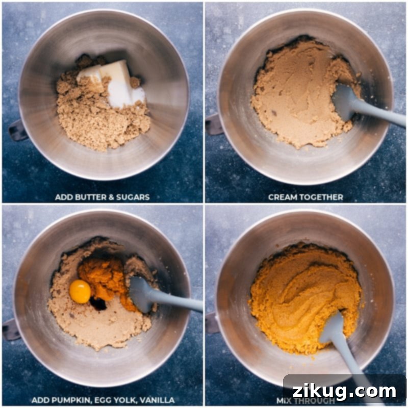 Process images showing wet ingredients (butter, sugars, pumpkin puree, egg yolk, vanilla) being creamed and mixed in a bowl.