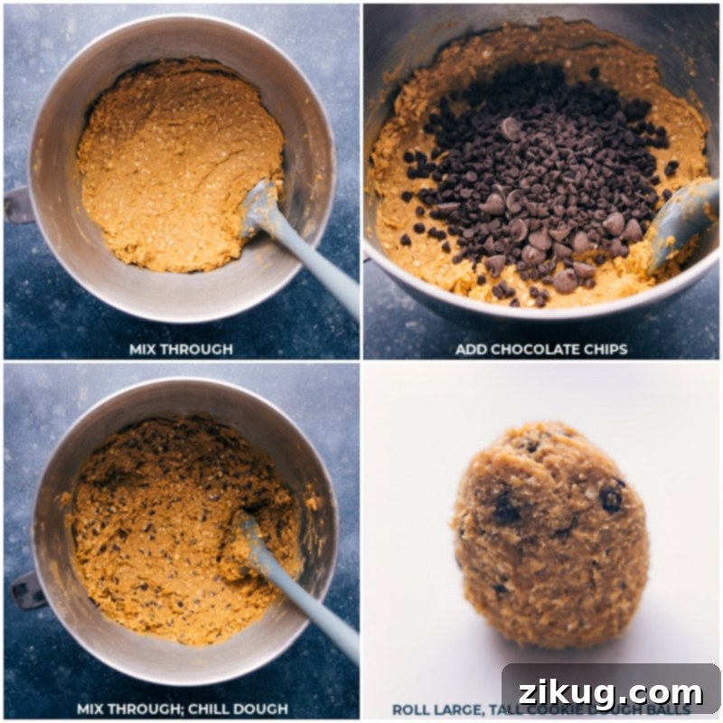 Process images showing chocolate chips being added to the cookie dough and then the dough being rolled into individual balls, ready for baking.