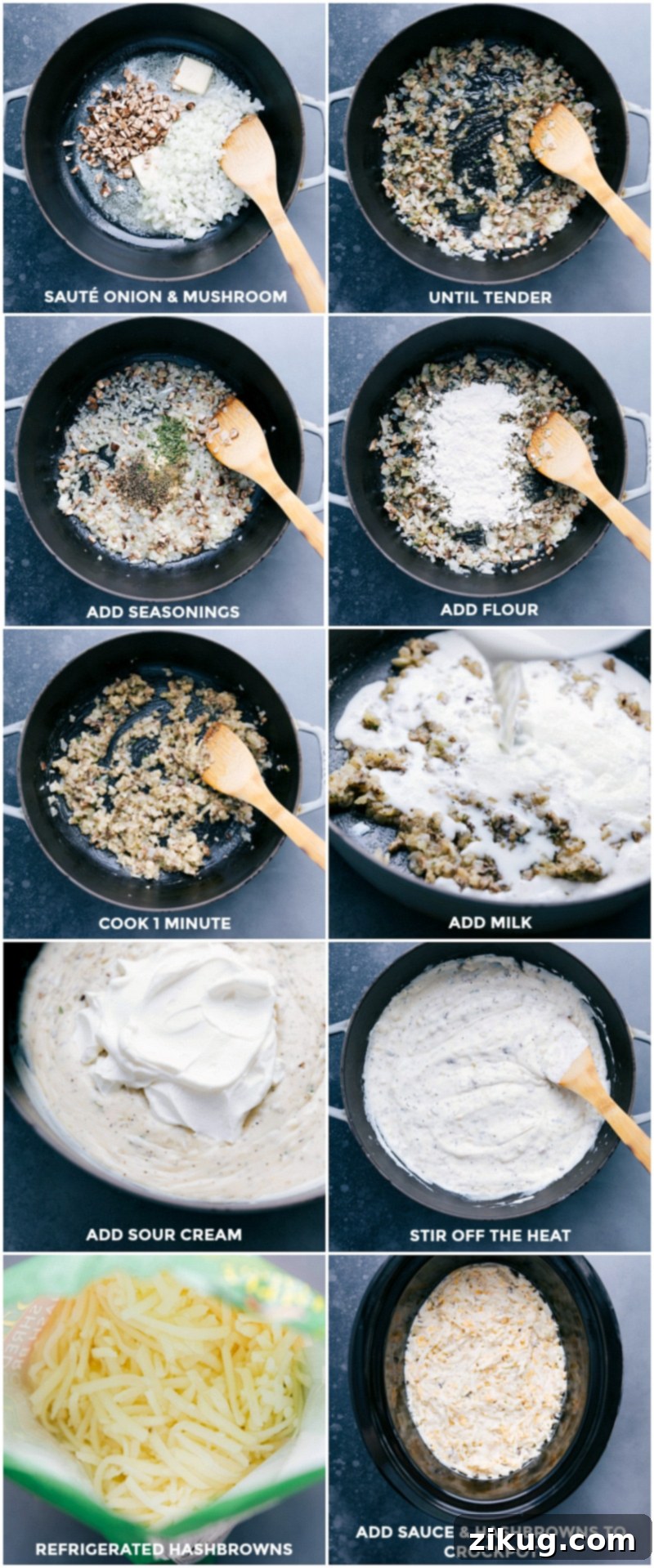 Creating Crockpot Hashbrown Casserole: From Sautéed Veggies to Slow Cooker Assembly Detailed step-by-step imagery of preparing Crockpot Hashbrown Casserole: from sautéing onions and mushrooms, adding seasonings and flour, stirring in milk and sour cream, to assembling and adding the mixture to the slow cooker.
