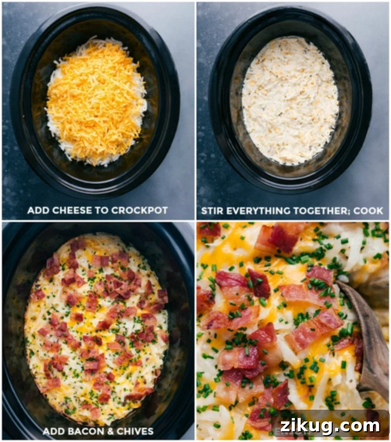 Completing Crockpot Hashbrown Casserole: Cheese Addition, Cooking, Bacon & Chives Topping The final stages of preparing Crockpot Hashbrown Casserole, including adding cheese to the slow cooker, stirring, slow cooking to perfection, and finally topping with crispy bacon and fresh chives before serving the completed, hearty dish.
