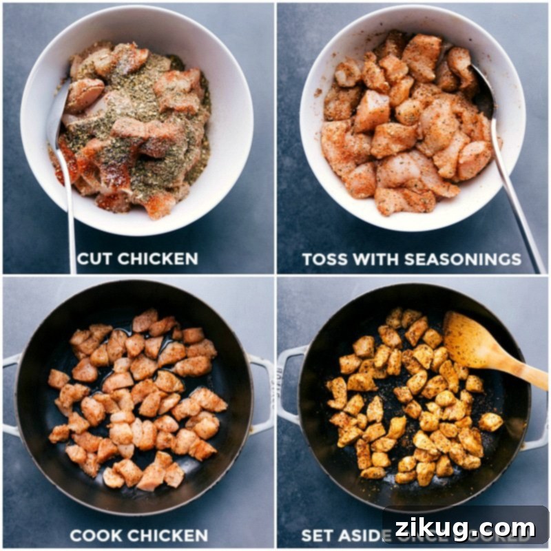 Seasoned chicken pieces searing in a hot skillet, next to sautéed onions and mushrooms.