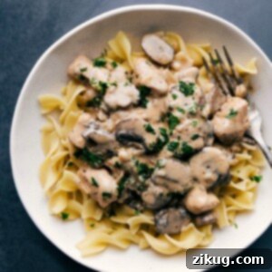 Chicken Stroganoff covered in a creamy sauce, ready to serve.
