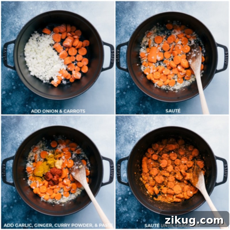 A large pot on the stovetop showing diced onions and sliced carrots being sautéed in coconut oil, followed by the addition of ginger, garlic, curry powder, and red curry paste, releasing their aromatic flavors.