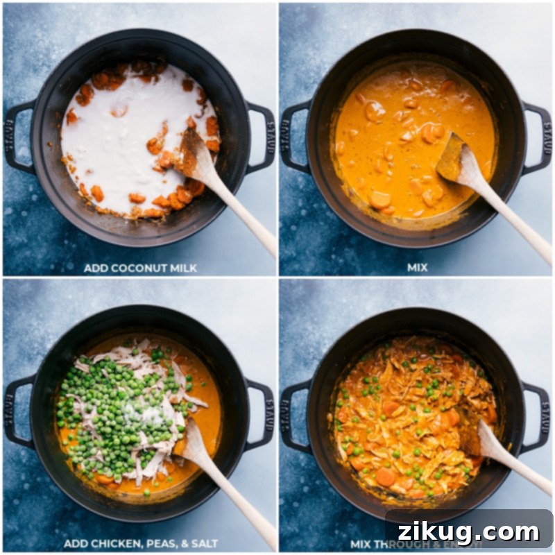 The final stages of making Quick Chicken Curry, with creamy coconut milk, shredded chicken, and vibrant green peas being stirred into the fragrant sauce in a large pot, with a pinch of salt added for seasoning.